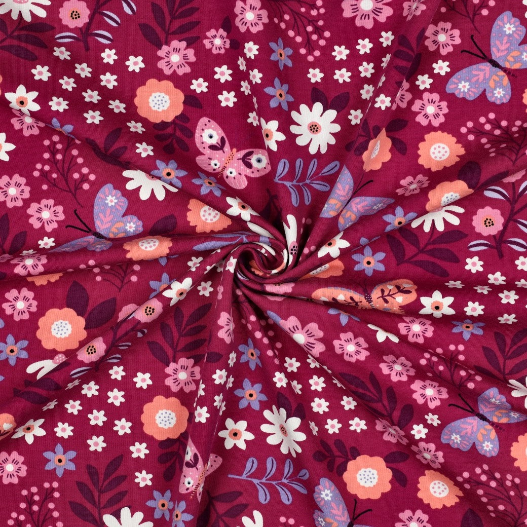 Indiana Cotton French Terry Stretch Fabric - Flowers & Butterflies Magenta