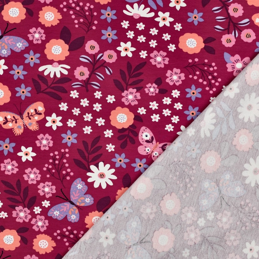 Indiana Cotton French Terry Stretch Fabric - Flowers & Butterflies Magenta