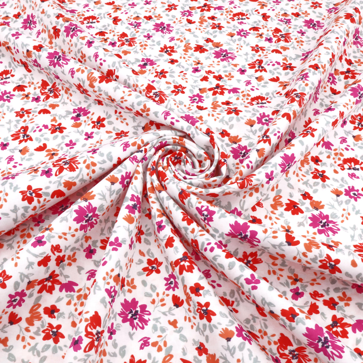 Julienne Printed Fine Cotton Poplin Dressmaking Fabric - Pink & Red Flowers on White