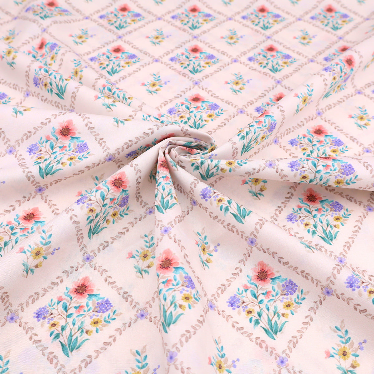 Julienne Printed Fine Cotton Poplin Dressmaking Fabric - Tile Flowers on White