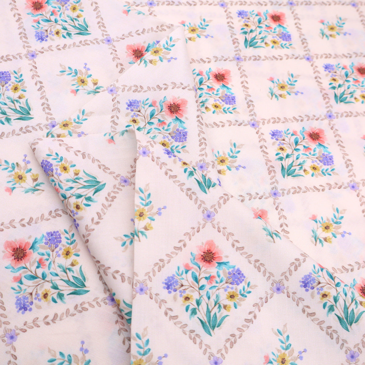 Julienne Printed Fine Cotton Poplin Dressmaking Fabric - Tile Flowers on White