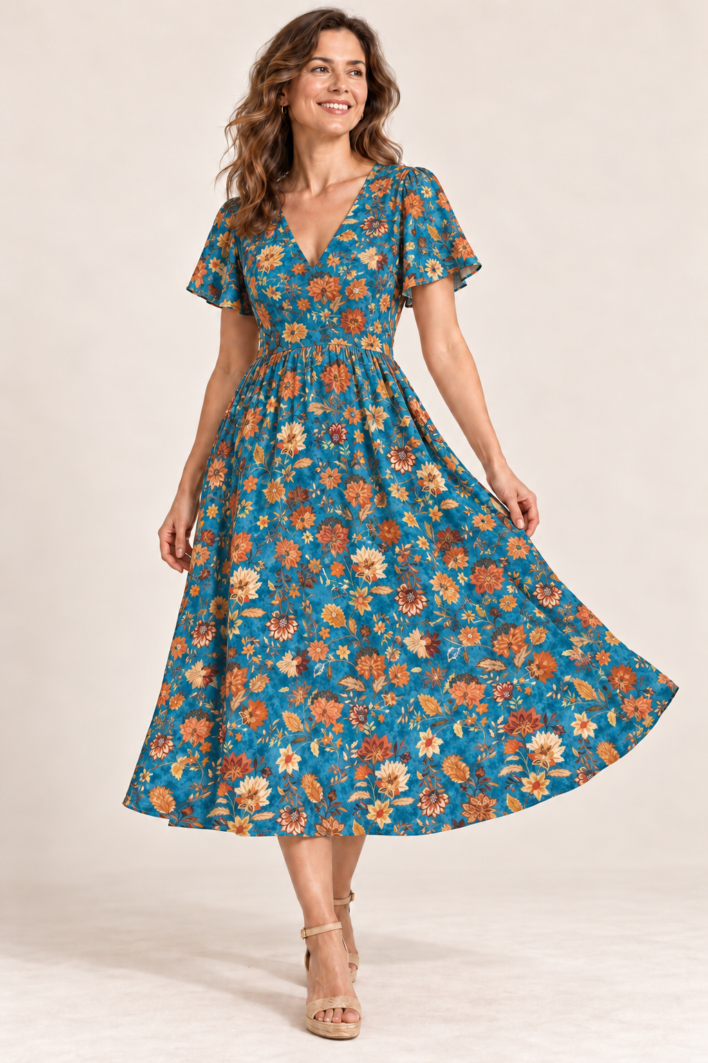 Kim Printed Viscose Soft Drapey Dressmaking Fabric - Teal Autumn Flowers