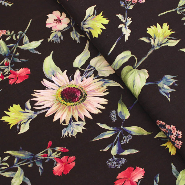Lucille Dressmaking Viscose Challis Fabric Material Black Large Multicoloured Garden Bloom