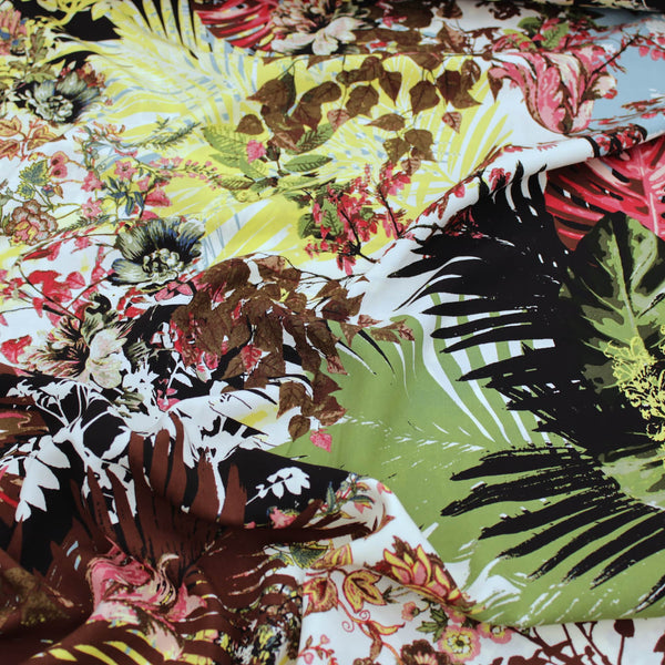 Lucille Dressmaking Viscose Challis Fabric Material Tropical Palm Leaves Meets Forage