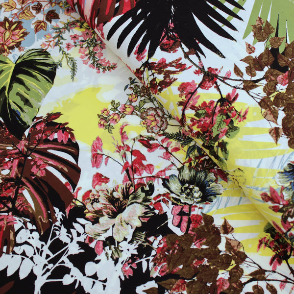 Lucille Dressmaking Viscose Challis Fabric Material Tropical Palm Leaves Meets Forage
