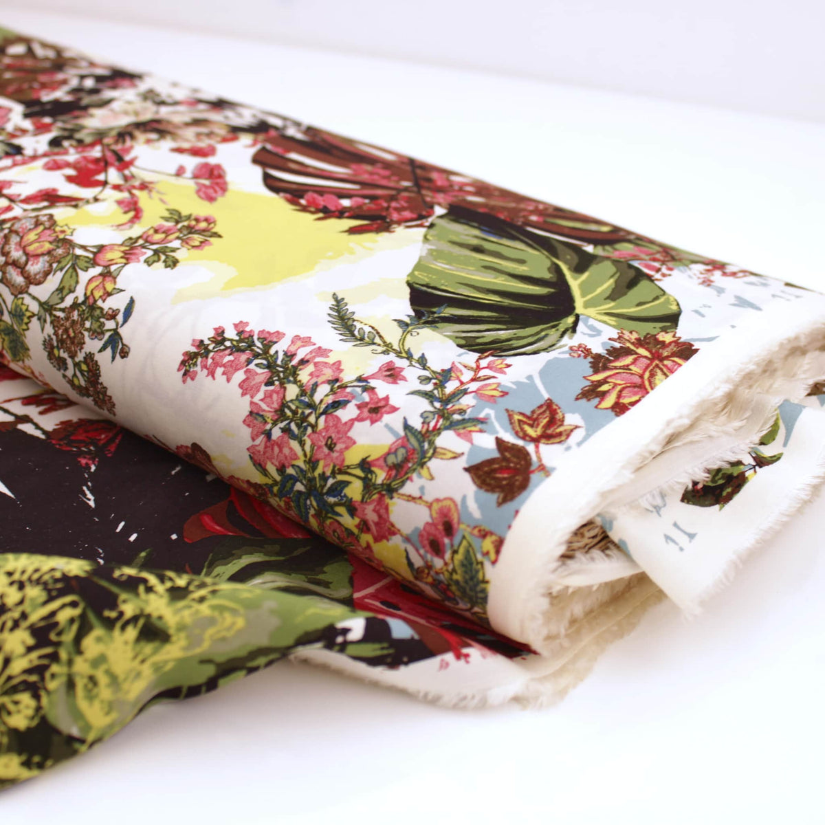 Lucille Dressmaking Viscose Challis Fabric Material Tropical Palm Leaves Meets Forage