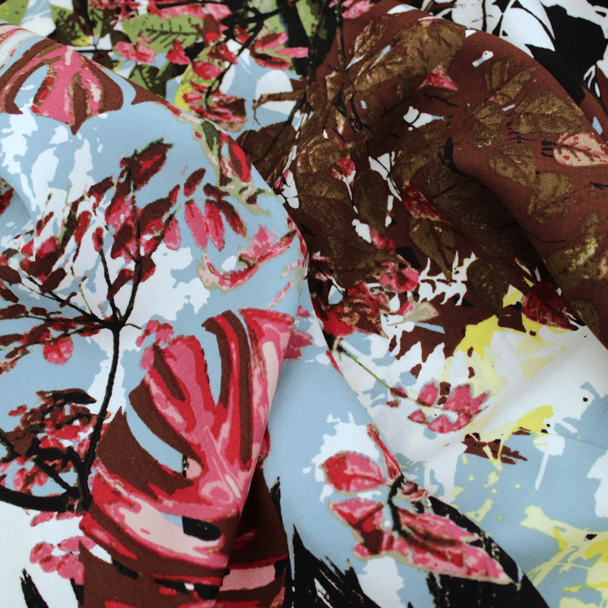 Lucille Dressmaking Viscose Challis Fabric Material Tropical Palm Leaves Meets Forage