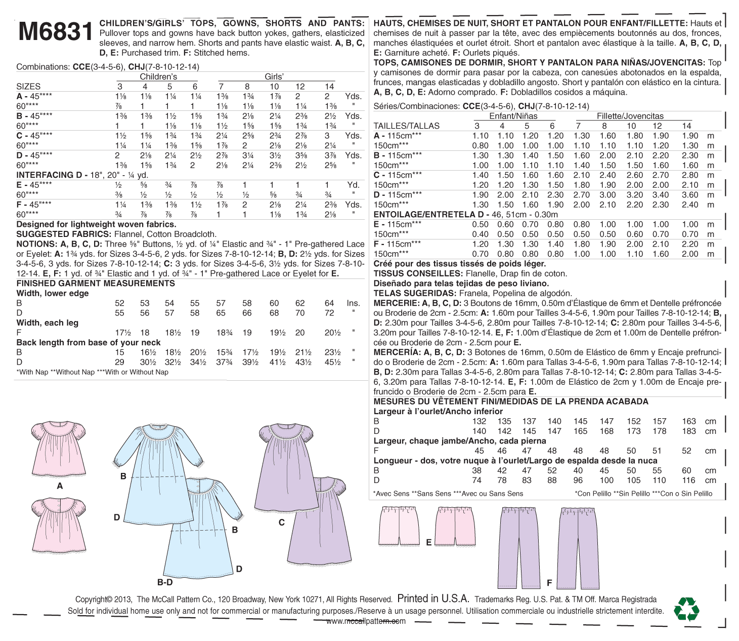 McCall’s Sleep&Lounge Sewing Pattern M6831