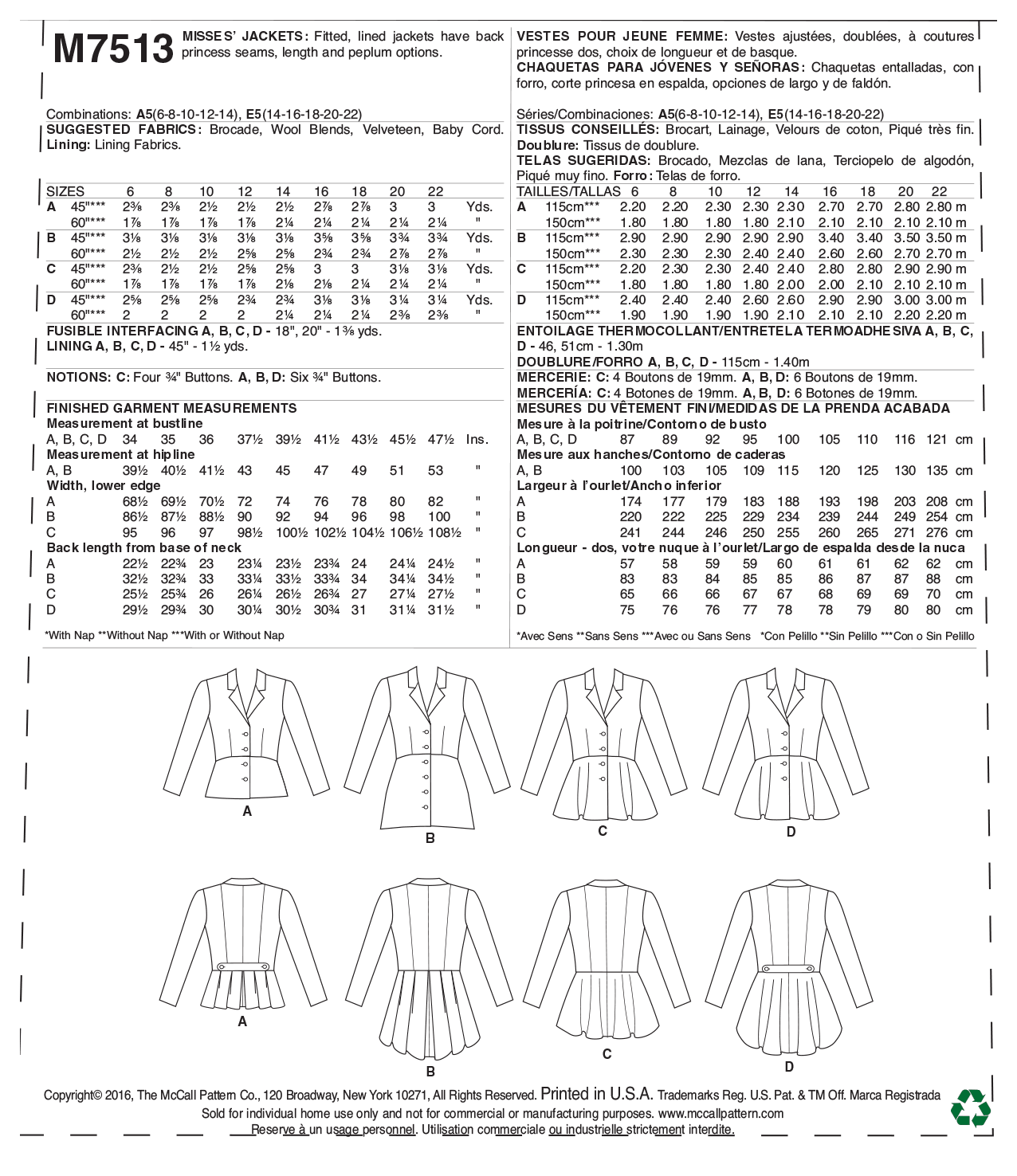 McCall’s Jacket Sewing Pattern M7513