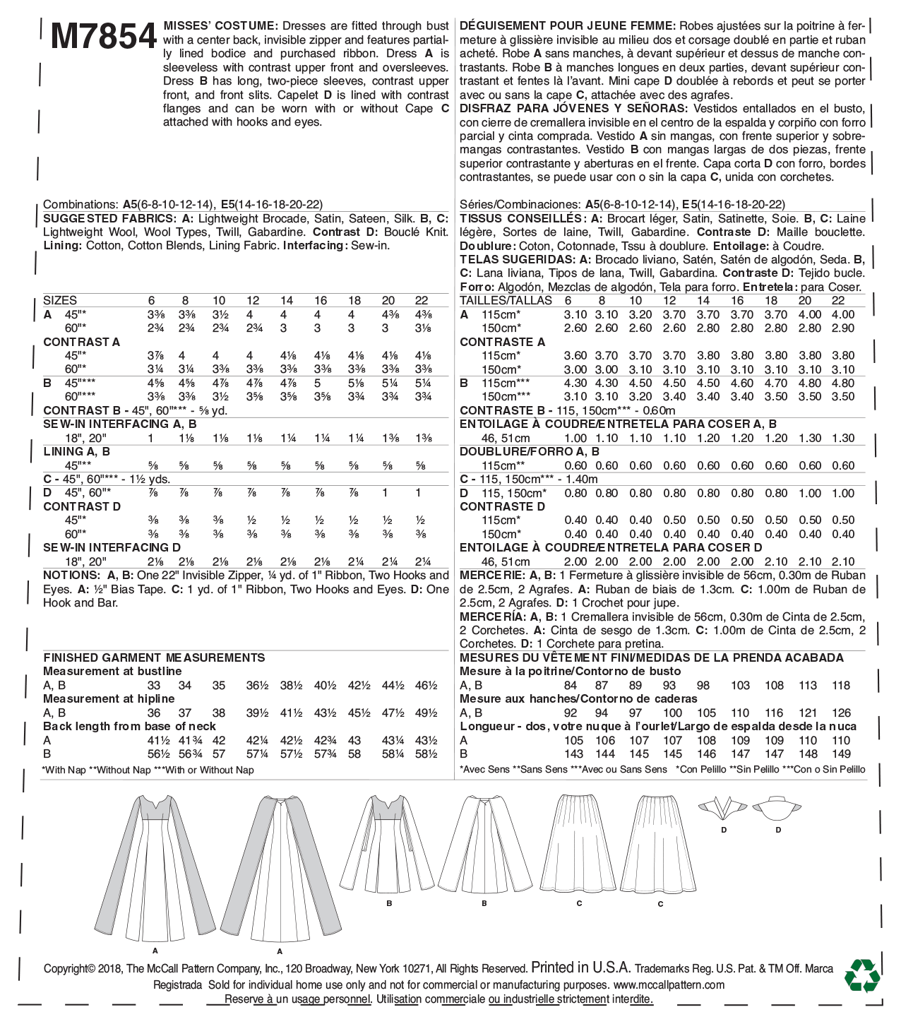 McCall’s Misses Costume Sewing Pattern M7854