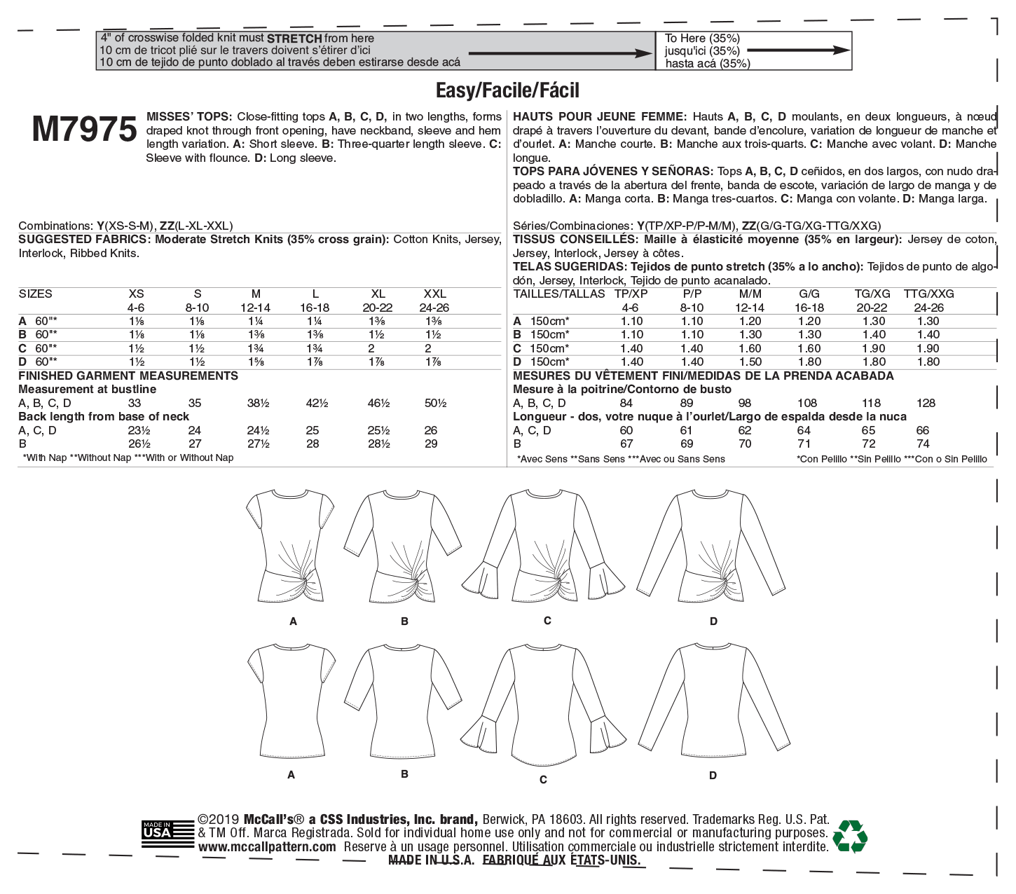 McCall’s Misses Tops Sewing Pattern M7975