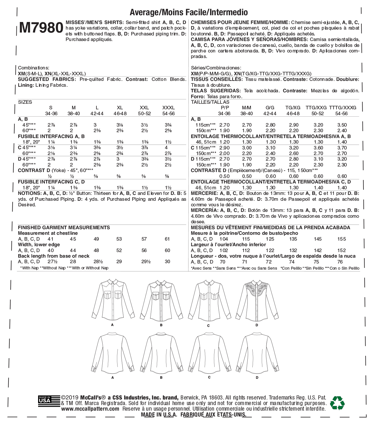 McCall’s Unisex Shirts Sewing Pattern M7980