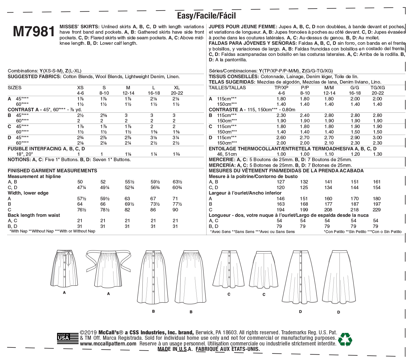 McCall’s Misses Skirts Sewing Pattern M7981