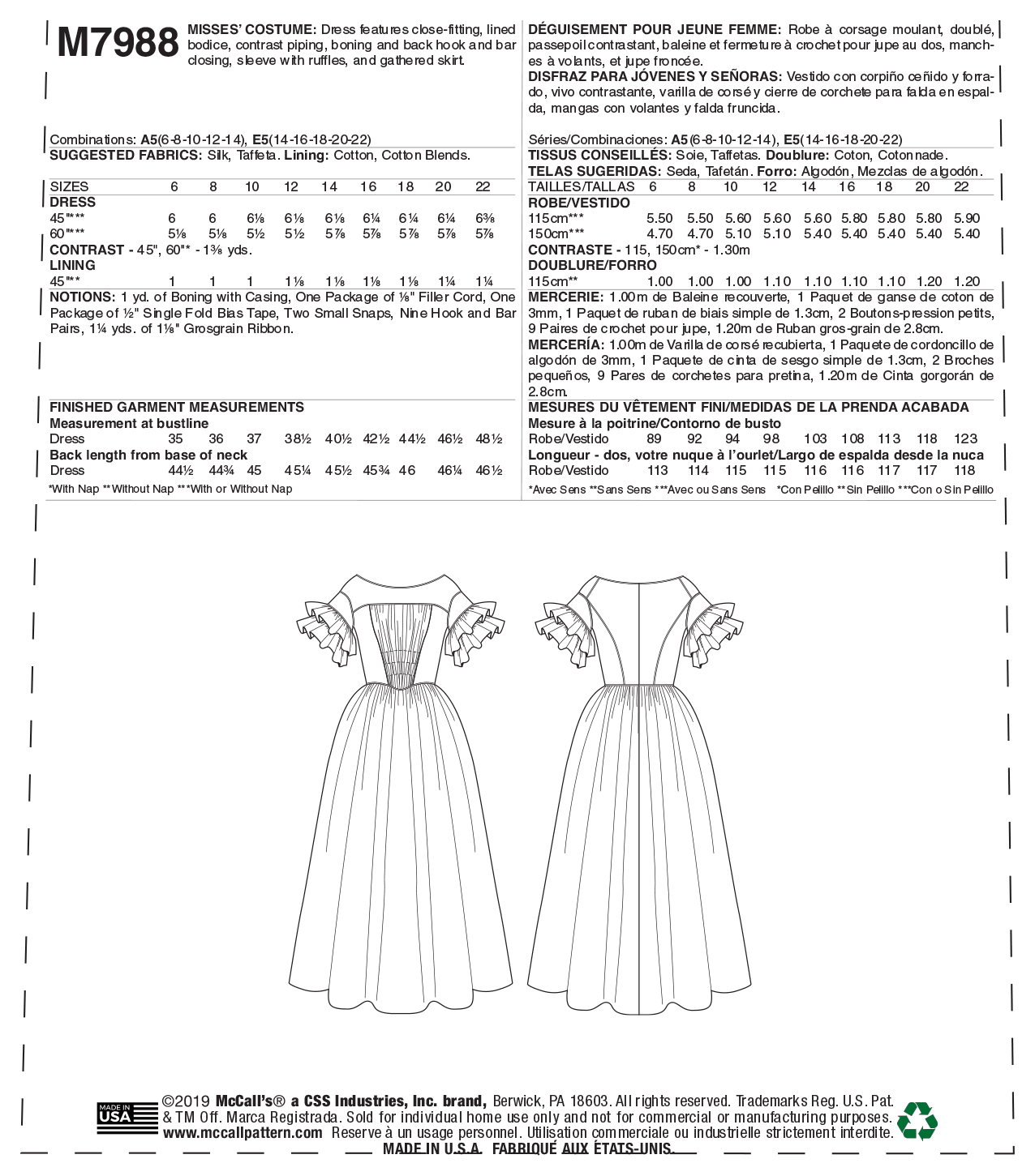 McCall’s Misses Costume Sewing Pattern M7988