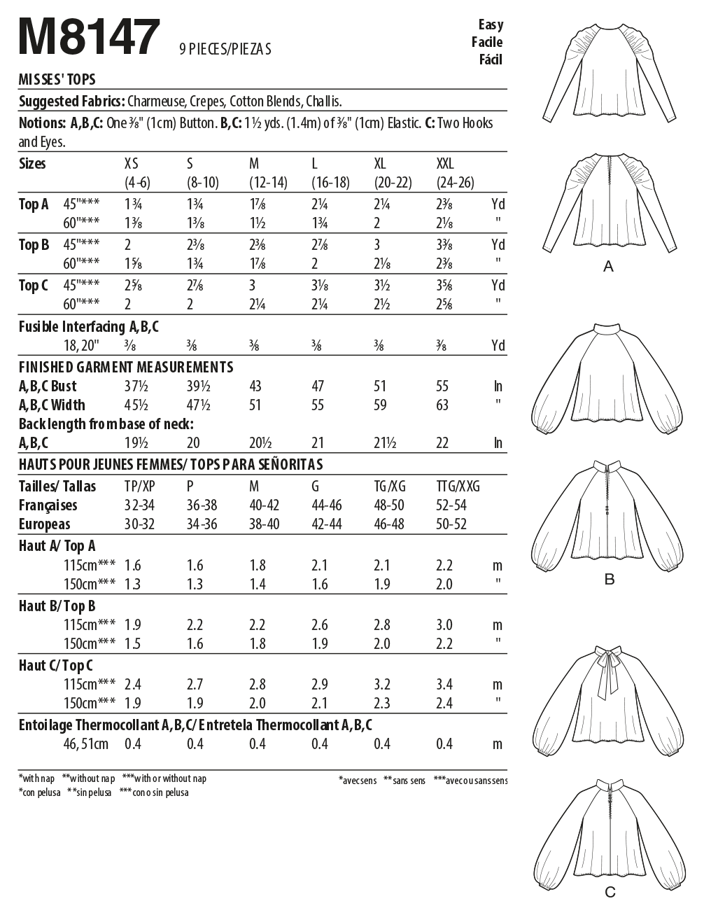 McCall’s Misses Tops Sewing Pattern M8147
