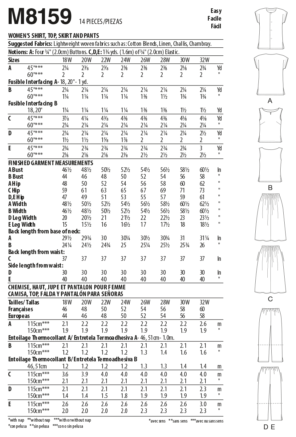 McCall’s Women's Side Slit Shirt, Top, Skirt & Pants Sewing Pattern M8159
