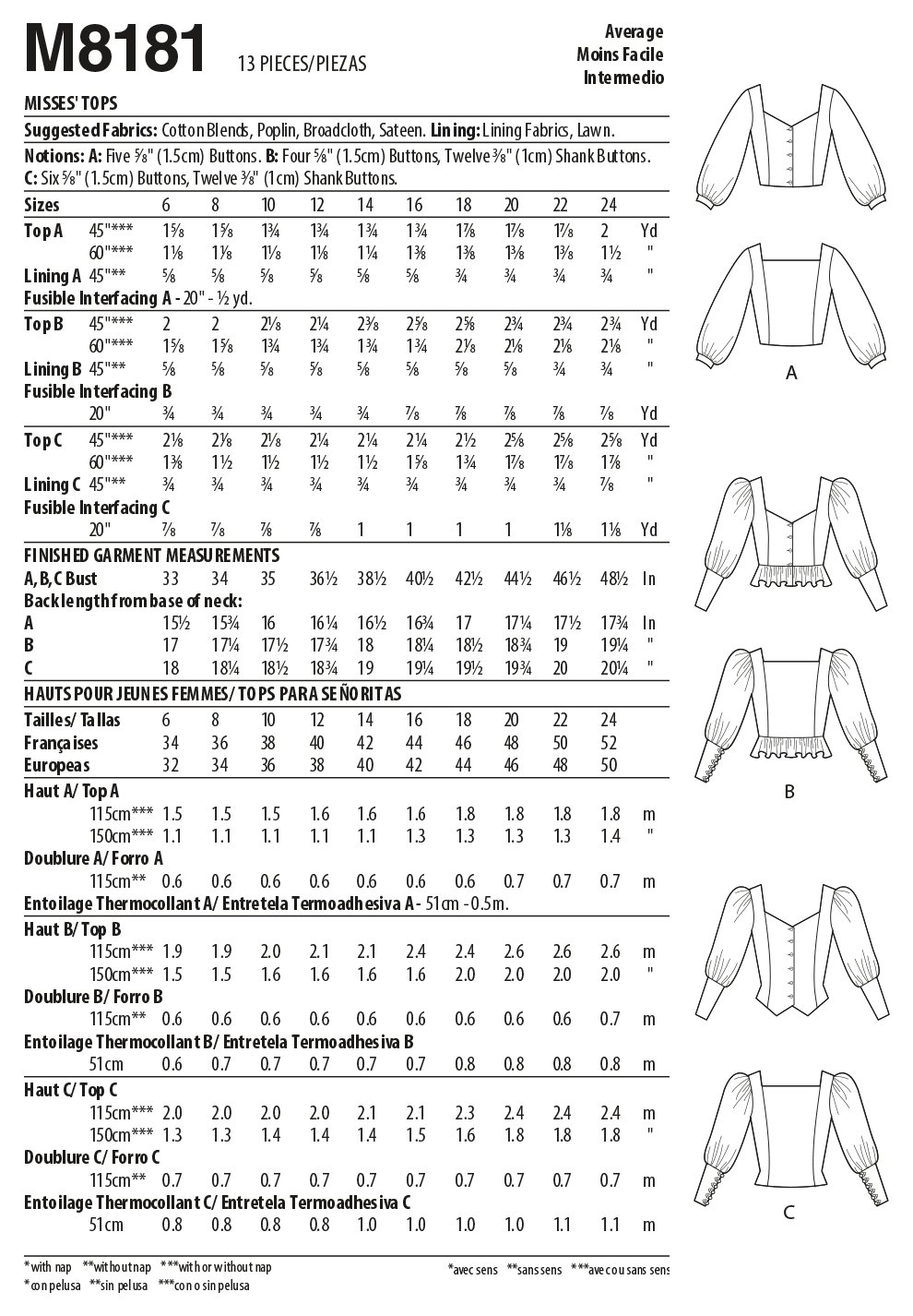 McCall’s Misses Tops Sewing Pattern M8181