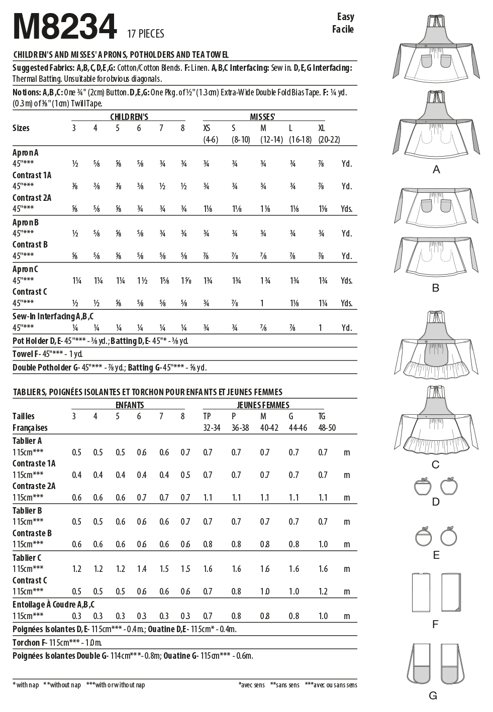 McCall’s Children's And Misses Aprons, Potholders And Tea Towel Sewing Pattern M8234