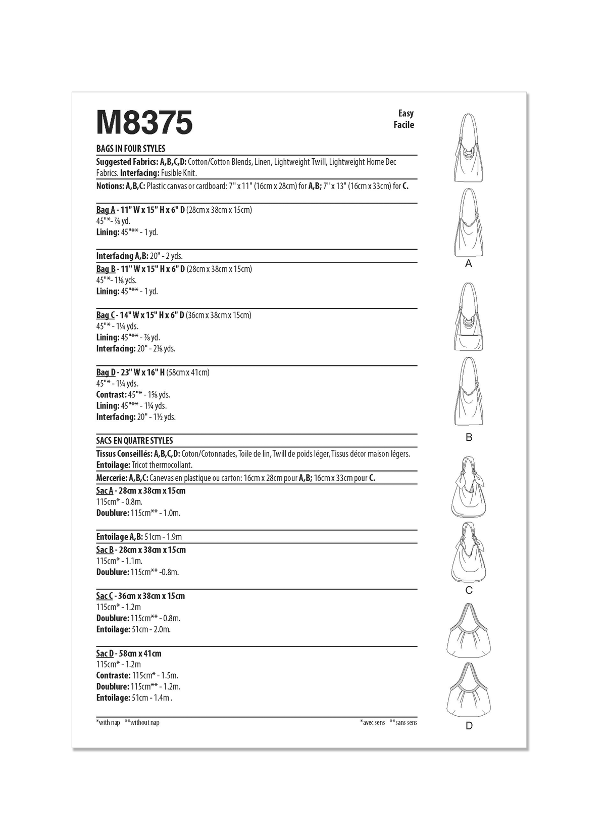 McCall’s Bags In Four Styles Sewing Pattern M8375