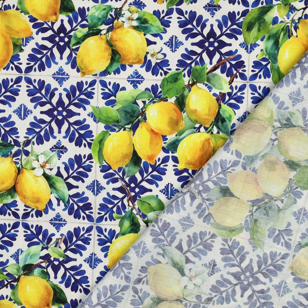 Margo Printed Cotton Viscose Dressmaking Fabric - Lemon & Blue Tile