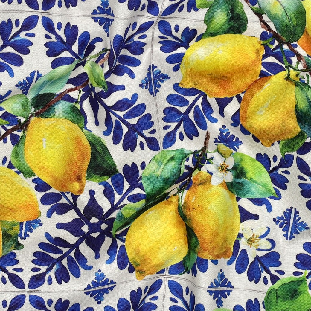 Margo Printed Cotton Viscose Dressmaking Fabric - Lemon & Blue Tile
