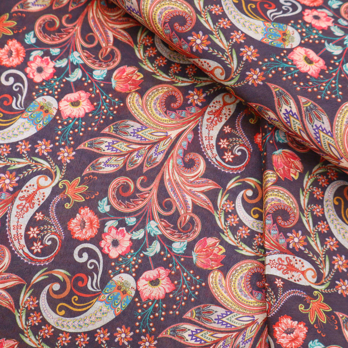May Printed Mango Faux Silk Dressmaking Fabric - Black Paisley