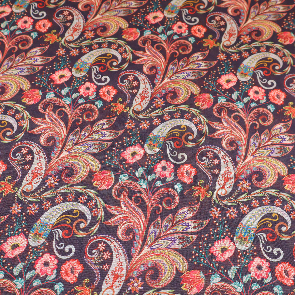 May Printed Mango Faux Silk Dressmaking Fabric - Black Paisley