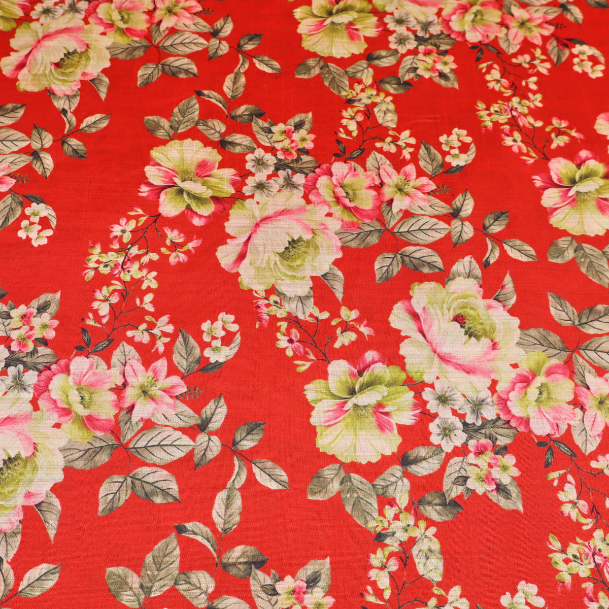 May Printed Mango Faux Silk Dressmaking Fabric - Flowers on Red