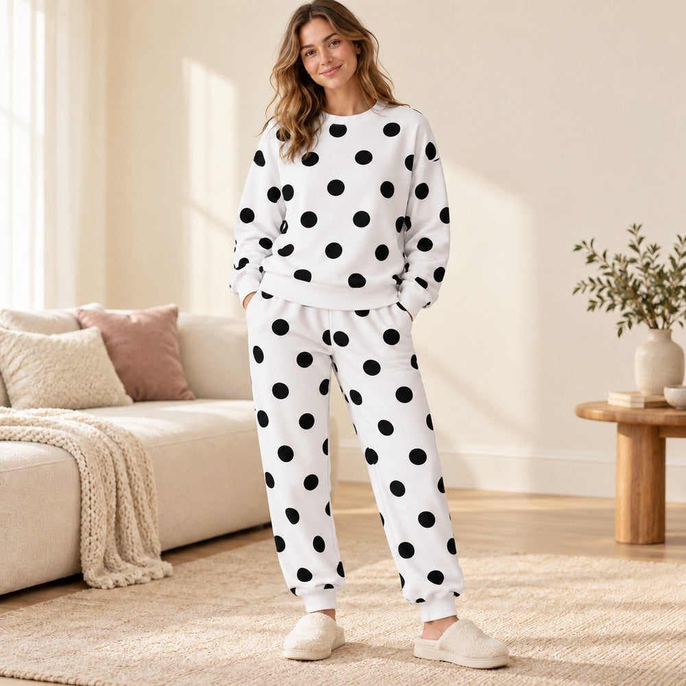 Polka Dot Printed French Terry Loungewear Fabric - Black