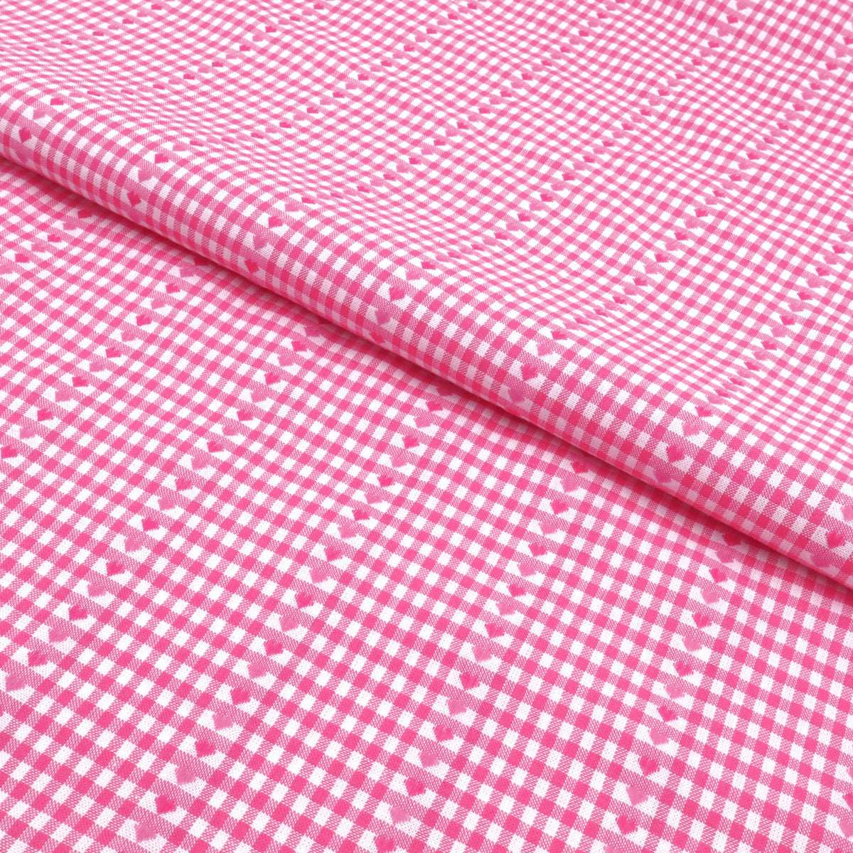 Reversible Gingham Cotton Jacquard Dressmaking Fabric - Pink Hearts