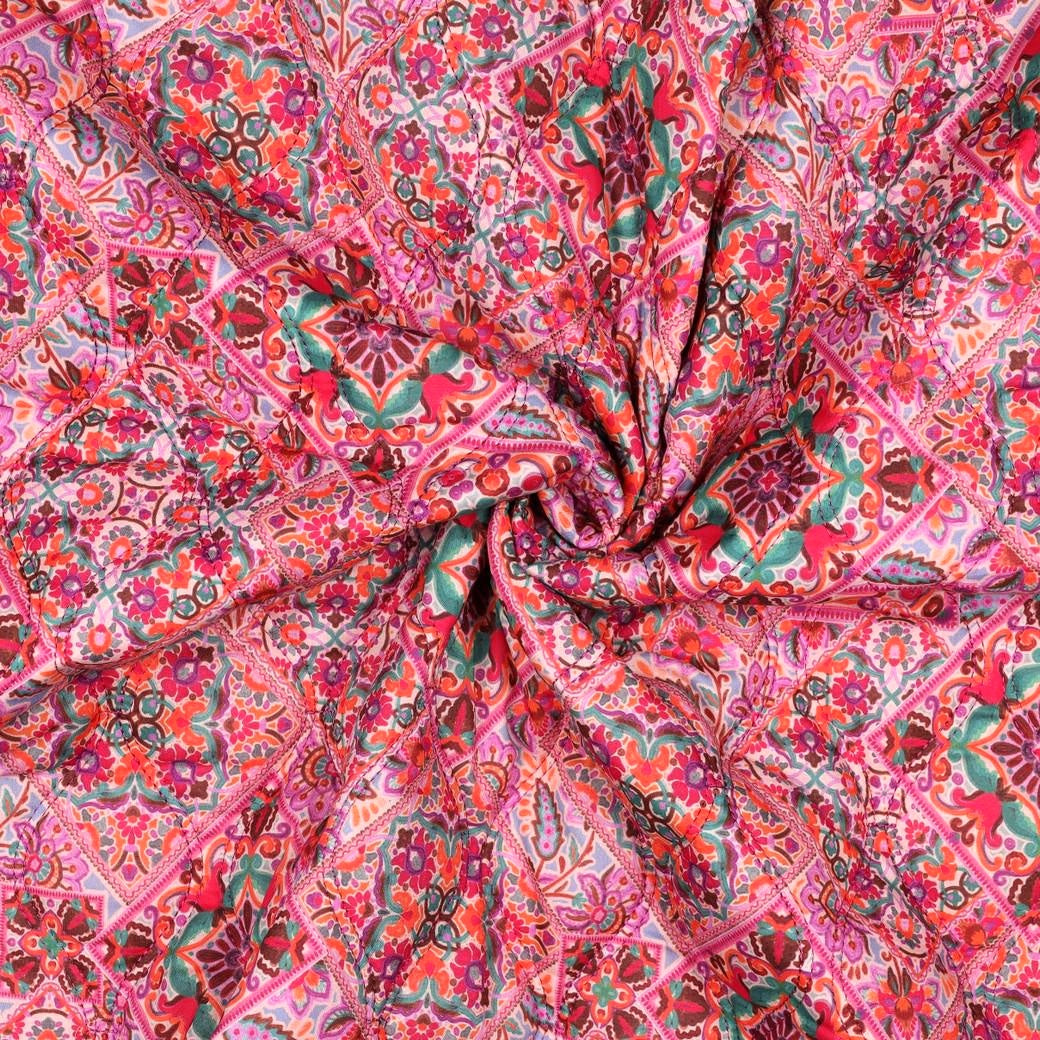 Reversible Quilted Cotton Voile Stepped Jacketing Fabric - Pink Patchwork