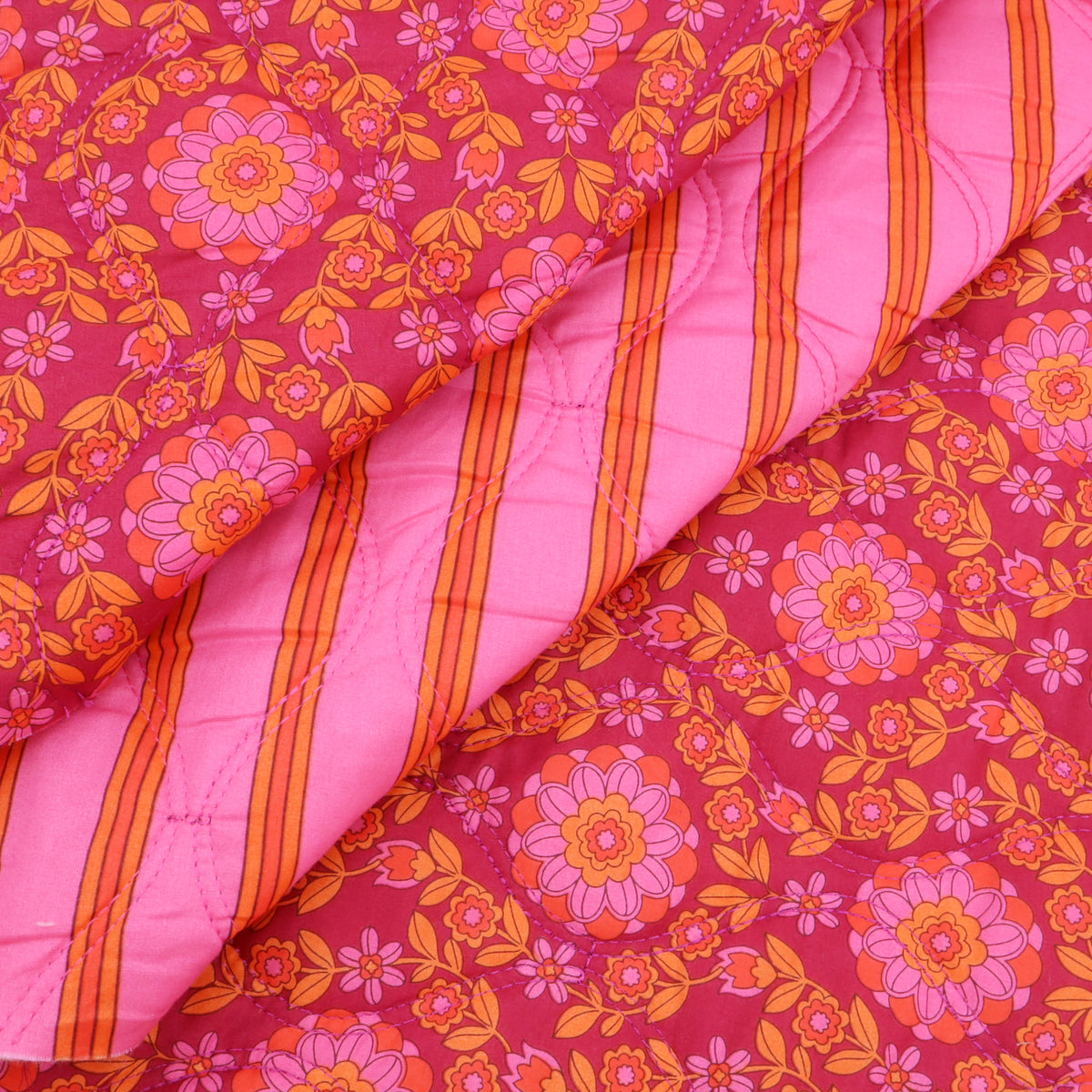 Reversible Quilted Cotton Voile Stepped Jacketing Fabric - Pink & Orange Flowers
