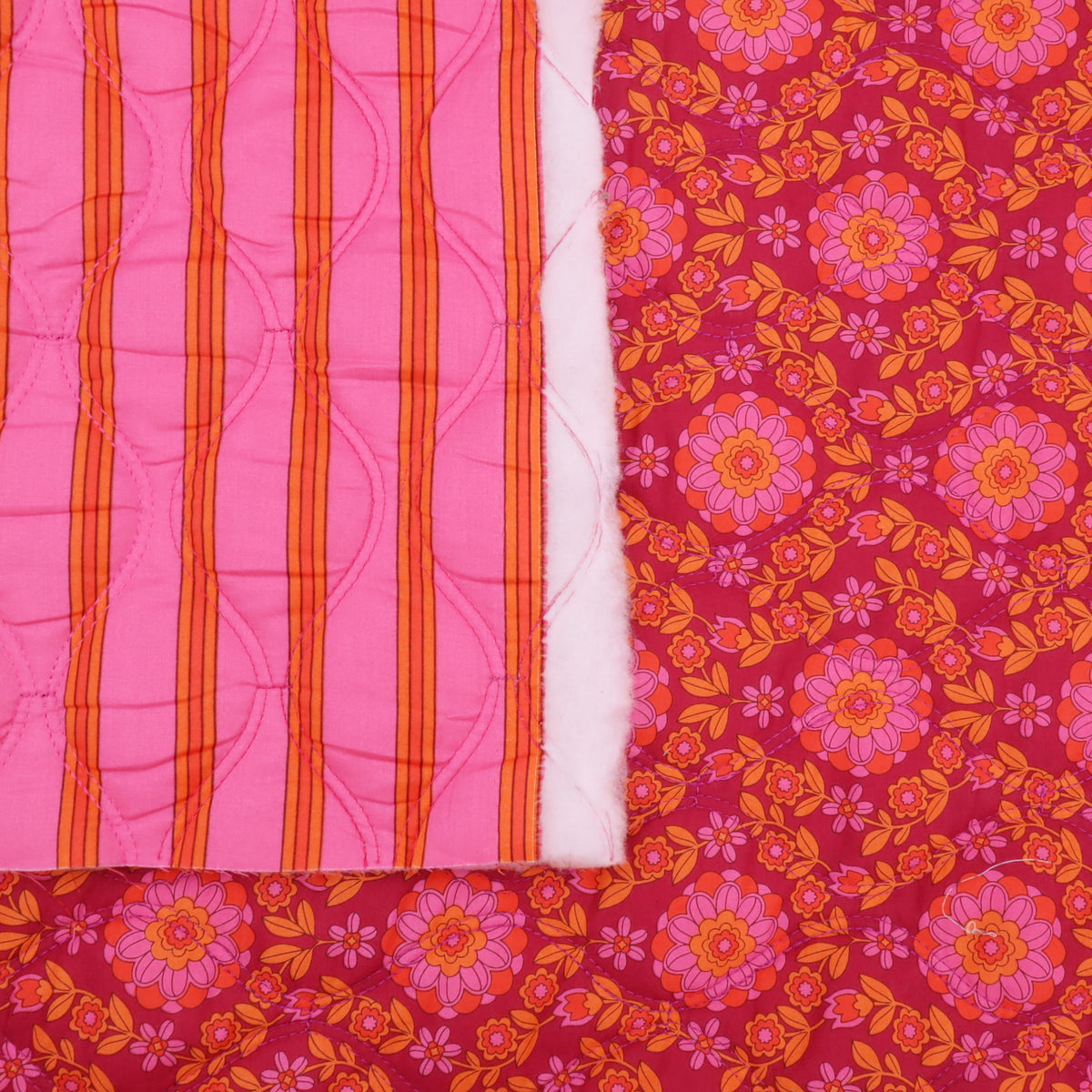 Reversible Quilted Cotton Voile Stepped Jacketing Fabric - Pink & Orange Flowers