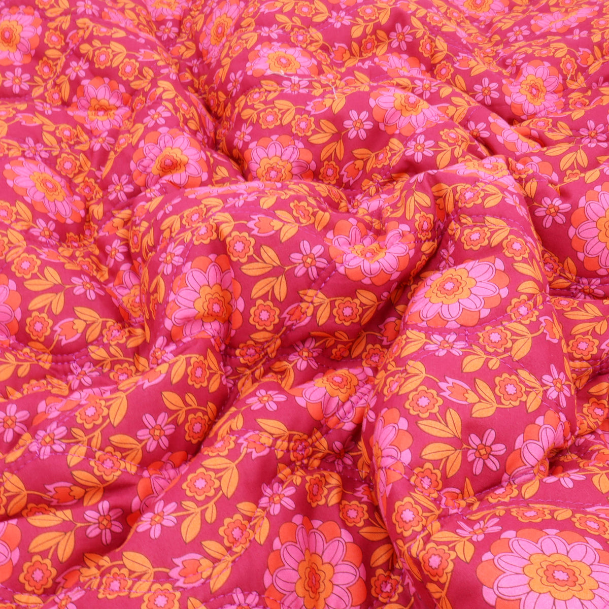 Reversible Quilted Cotton Voile Stepped Jacketing Fabric - Pink & Orange Flowers