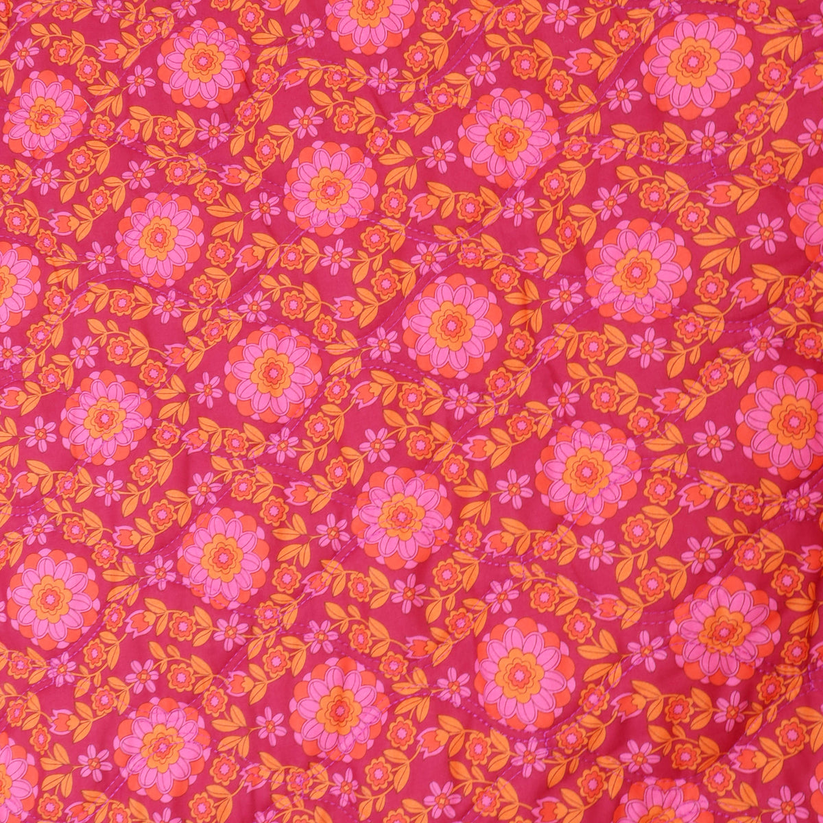 Reversible Quilted Cotton Voile Stepped Jacketing Fabric - Pink & Orange Flowers