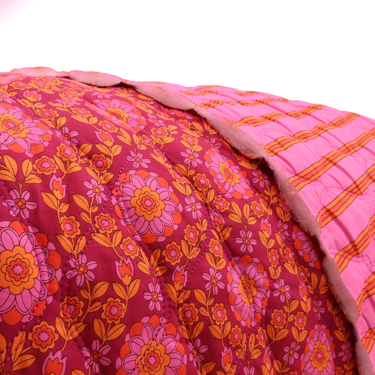 Reversible Quilted Cotton Voile Stepped Jacketing Fabric - Pink & Orange Flowers