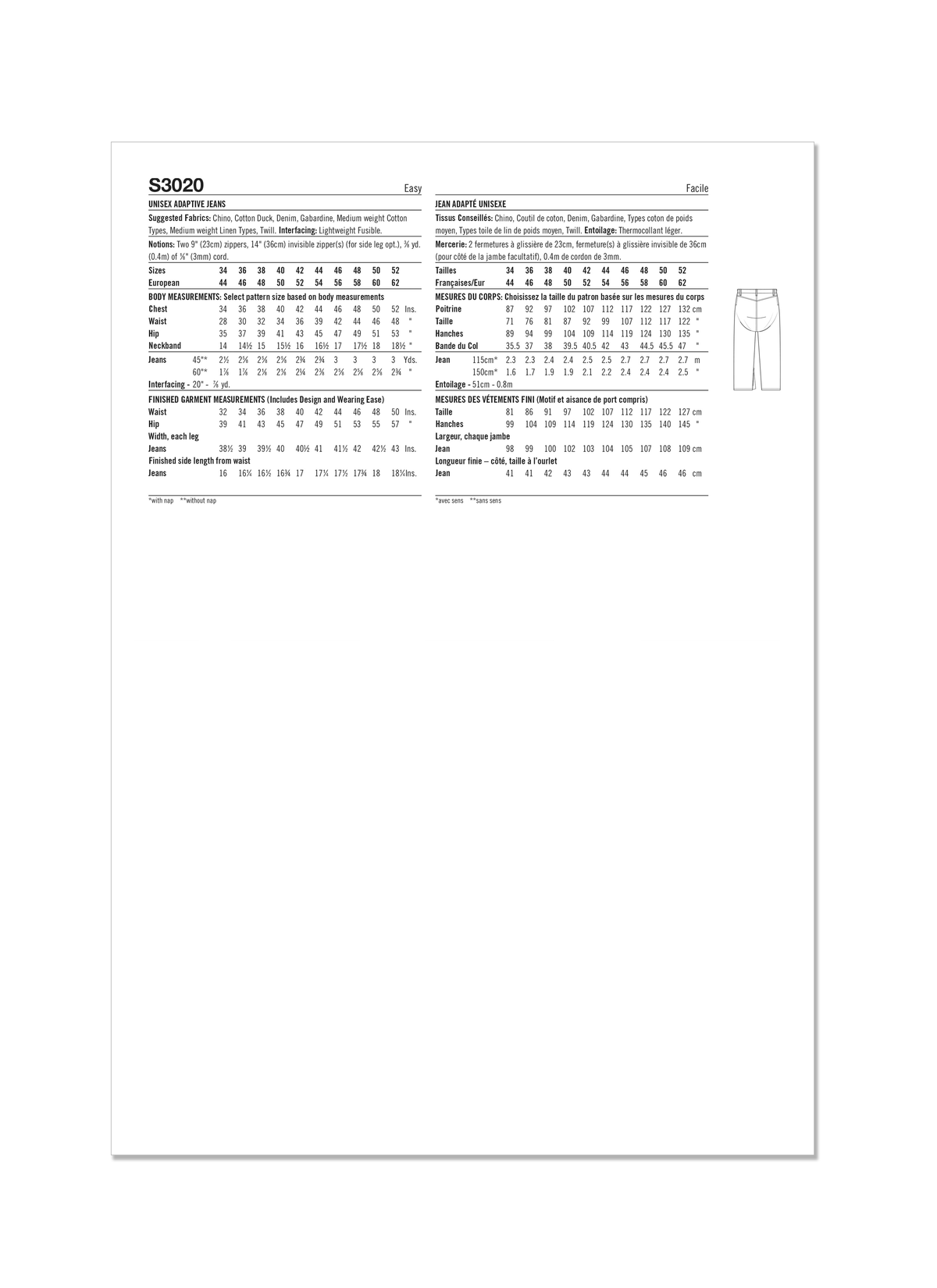 Simplicity Unisex Adaptive Jeans Sewing Pattern Guide S3020