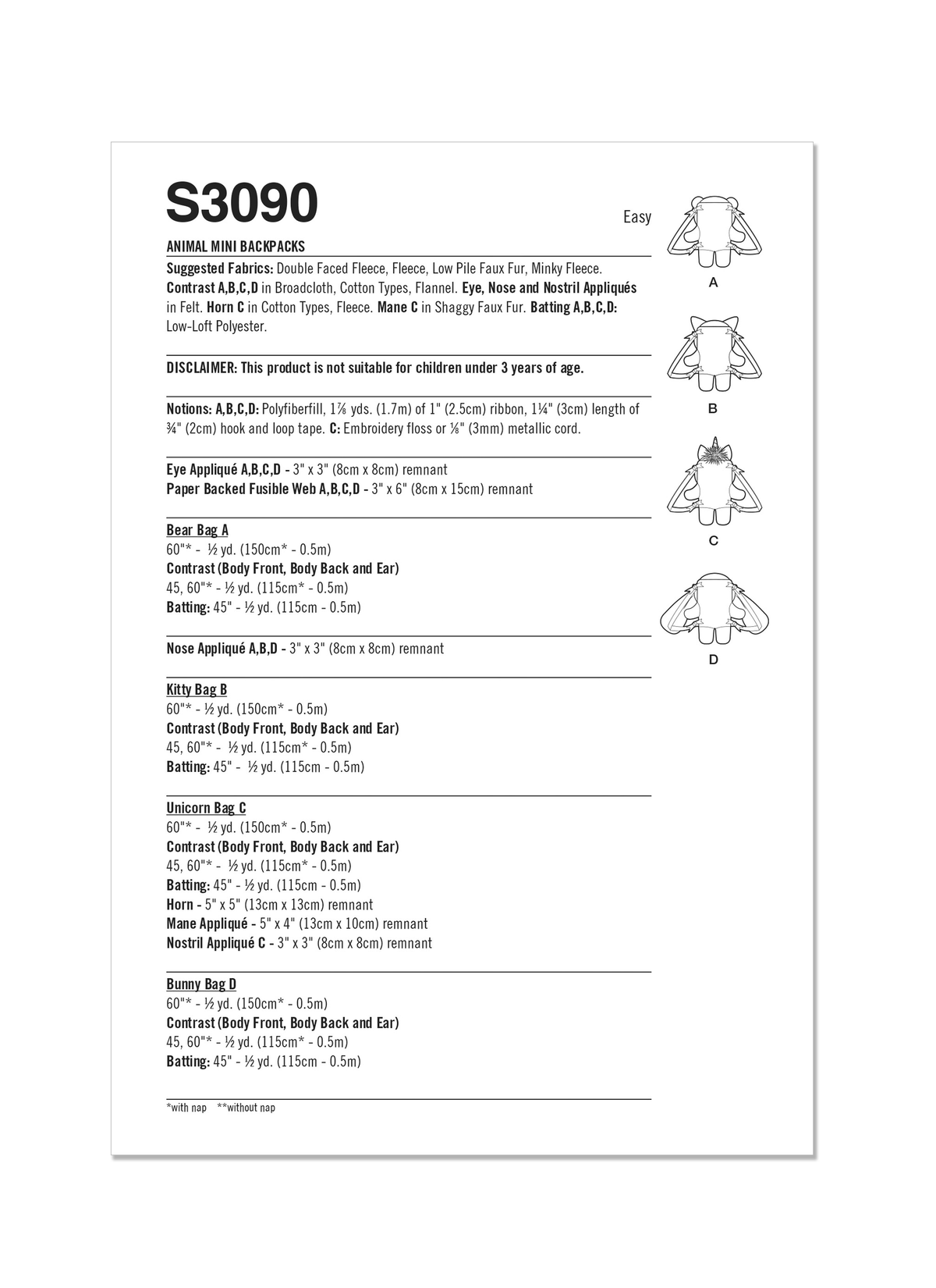 Simplicity Animal Mini Backpacks Sewing Pattern Guide S3090OS