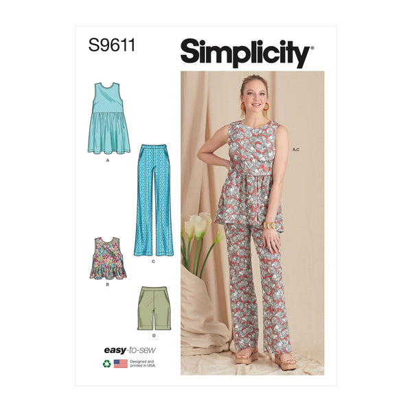Simplicity Misses Tunic, Cropped Top, Pants and Shorts Sewing Pattern S9611