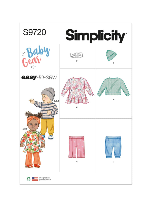 Simplicity Babies Knit Dress, Top, Pants, Hat and Headband in Sizes S-M-L Sewing Pattern S9720 A (S-M-L-XL)