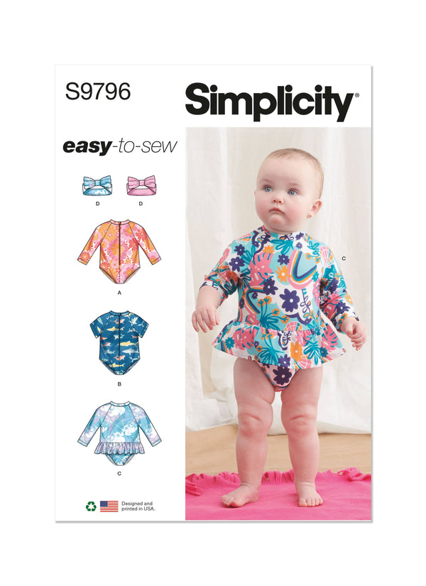 Simplicity Babies Swimsuits with Rash Guard Sewing Pattern S9796A (XS-S-M-L)