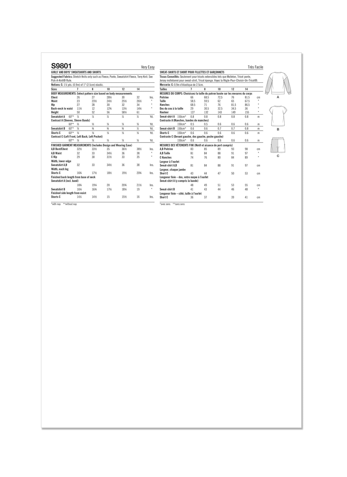 Simplicity Girls and Boys Sweatshirts and Shorts Sewing Pattern S9801 A (7-8-10-12-14)