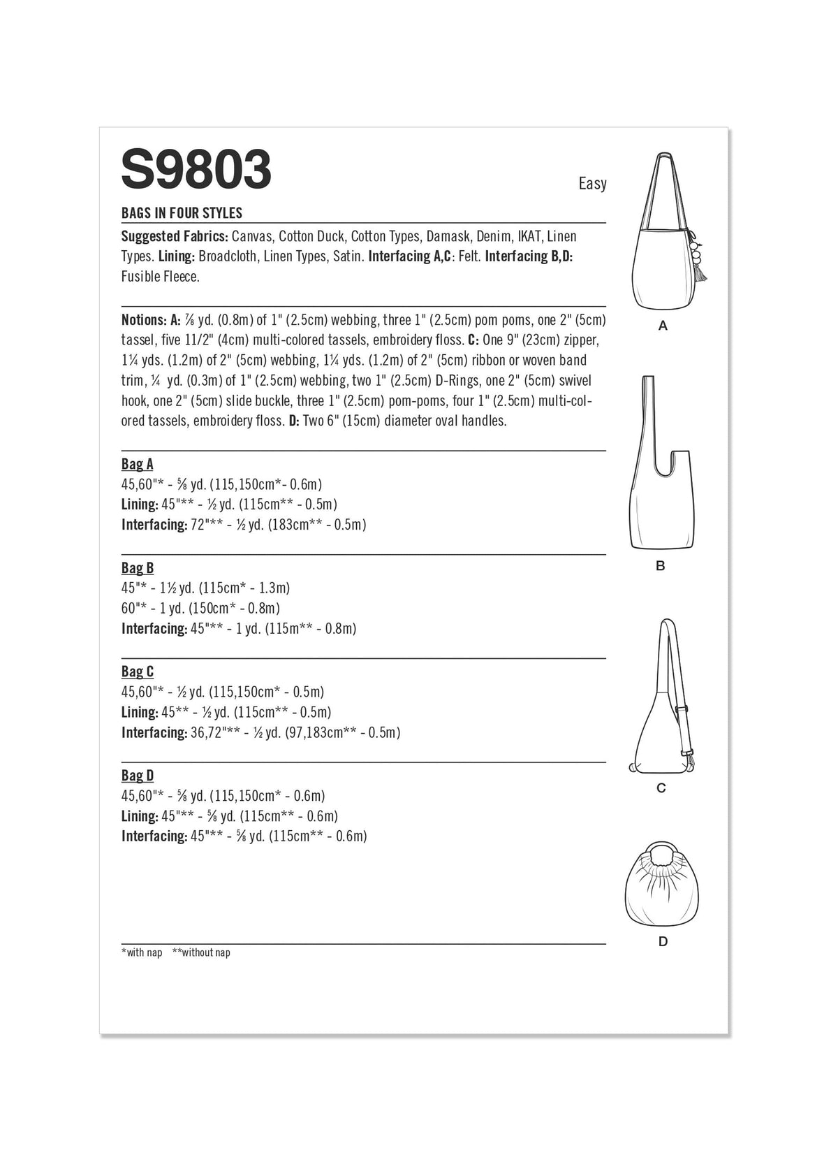 Simplicity Bags in Four Styles by Elaine Heigl Designs Sewing Pattern S9803 OS