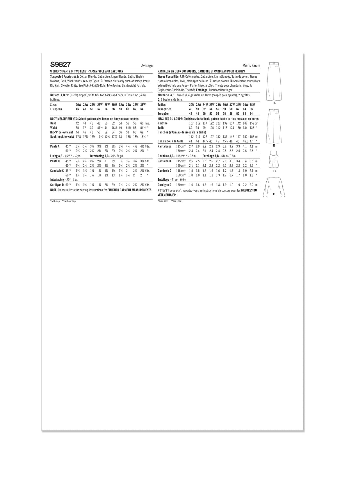 Simplicity Womens Pants in Two Lengths, Camisole and Cardigan Sewing Pattern S9827