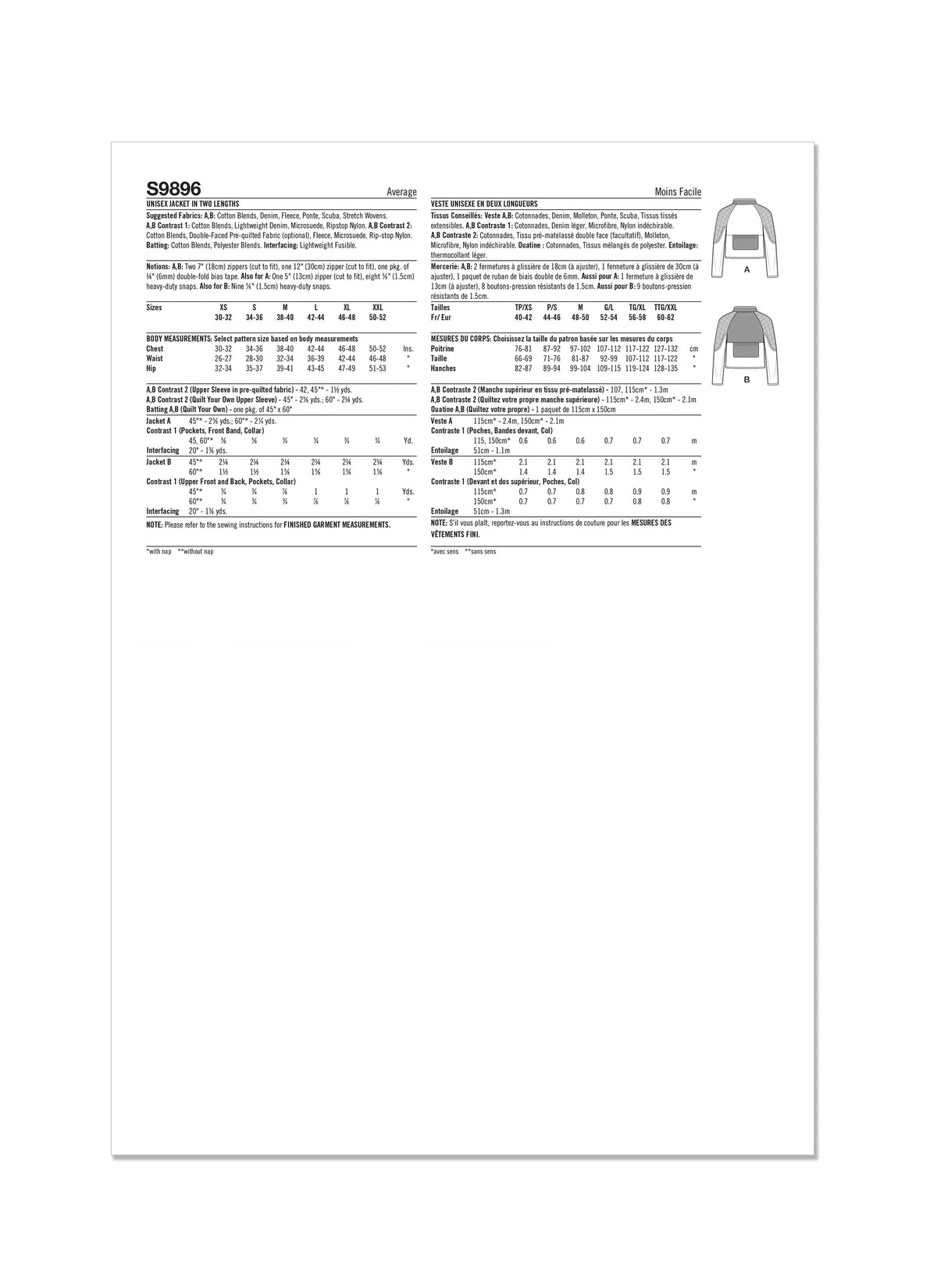 Simplicity Unisex Jacket In Two Lengths Sewing Pattern S9896 A (XS-S-M-L-XL-XXL)