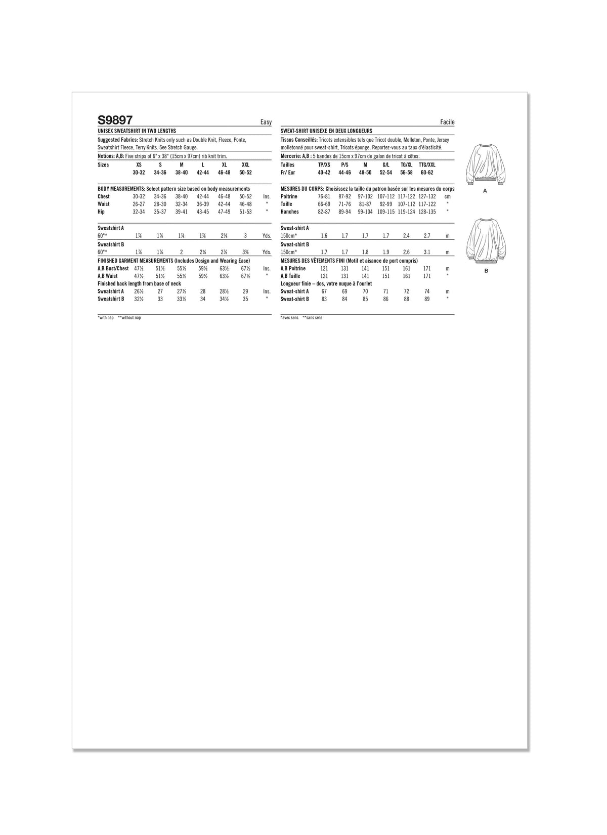 Simplicity Unisex Sweatshirt in Two Lengths By Norris Danta Ford Sewing Pattern S9897 A (XS-S-M-L-XL-XXL)