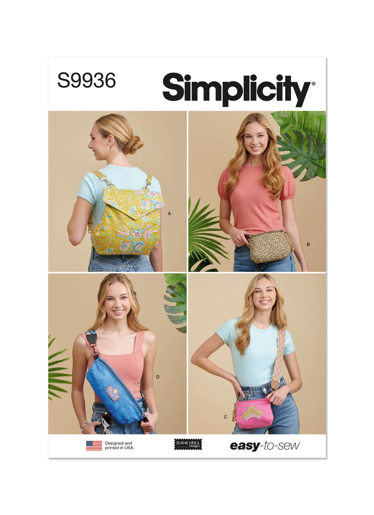 Simplicity Backpack, Bags and Purse by Elaine Heigl Designs Sewing Pattern S9936 OS