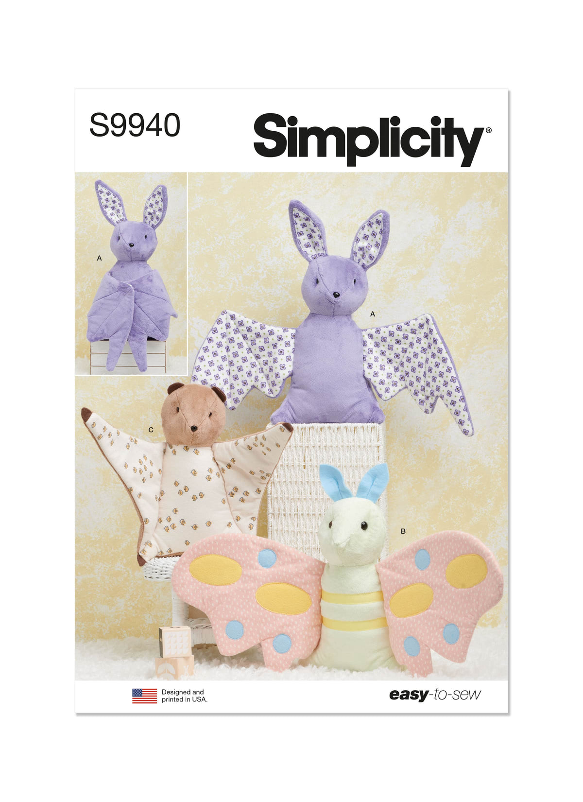 Simplicity Plush Bat, Moth and Flying Squirrel Sewing Pattern S9940 OS