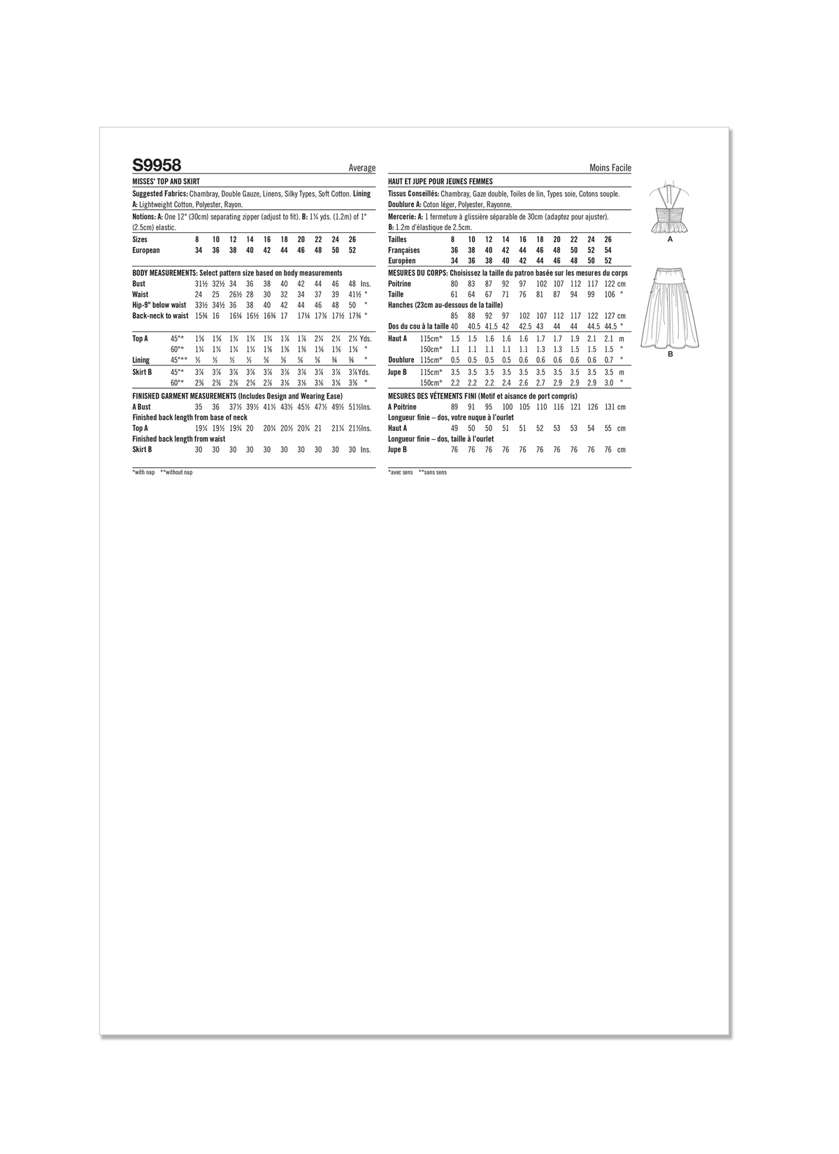 Simplicity Misses Top and Skirt Sewing Pattern Guide S9958