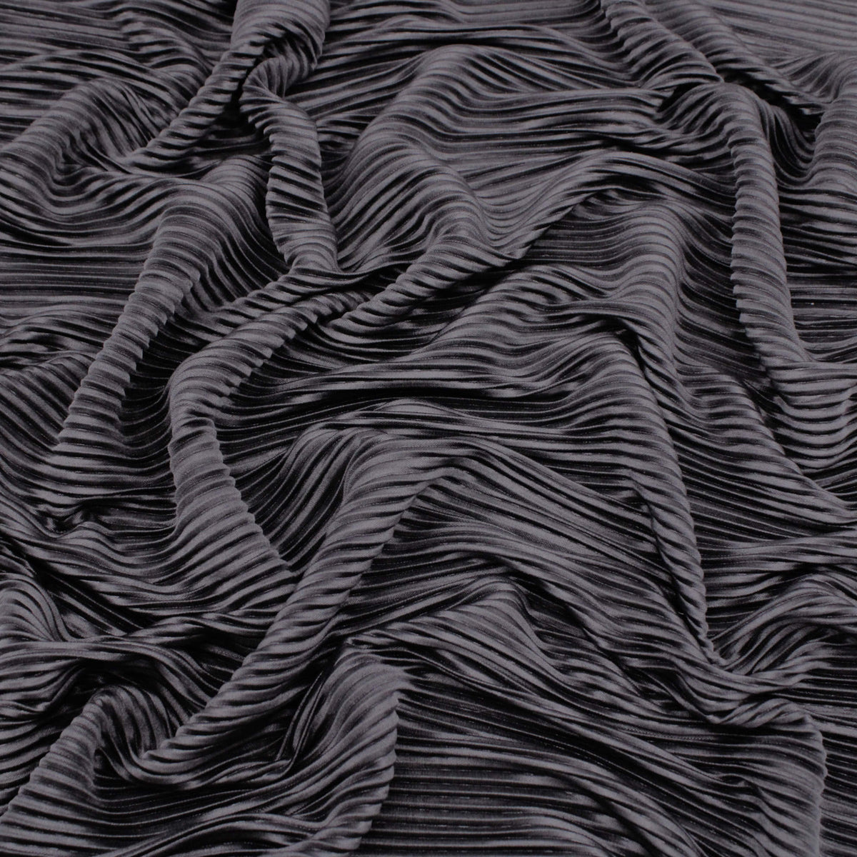 Satin Feel Cloque Crinkled Pleats Plisse Fabric - Black